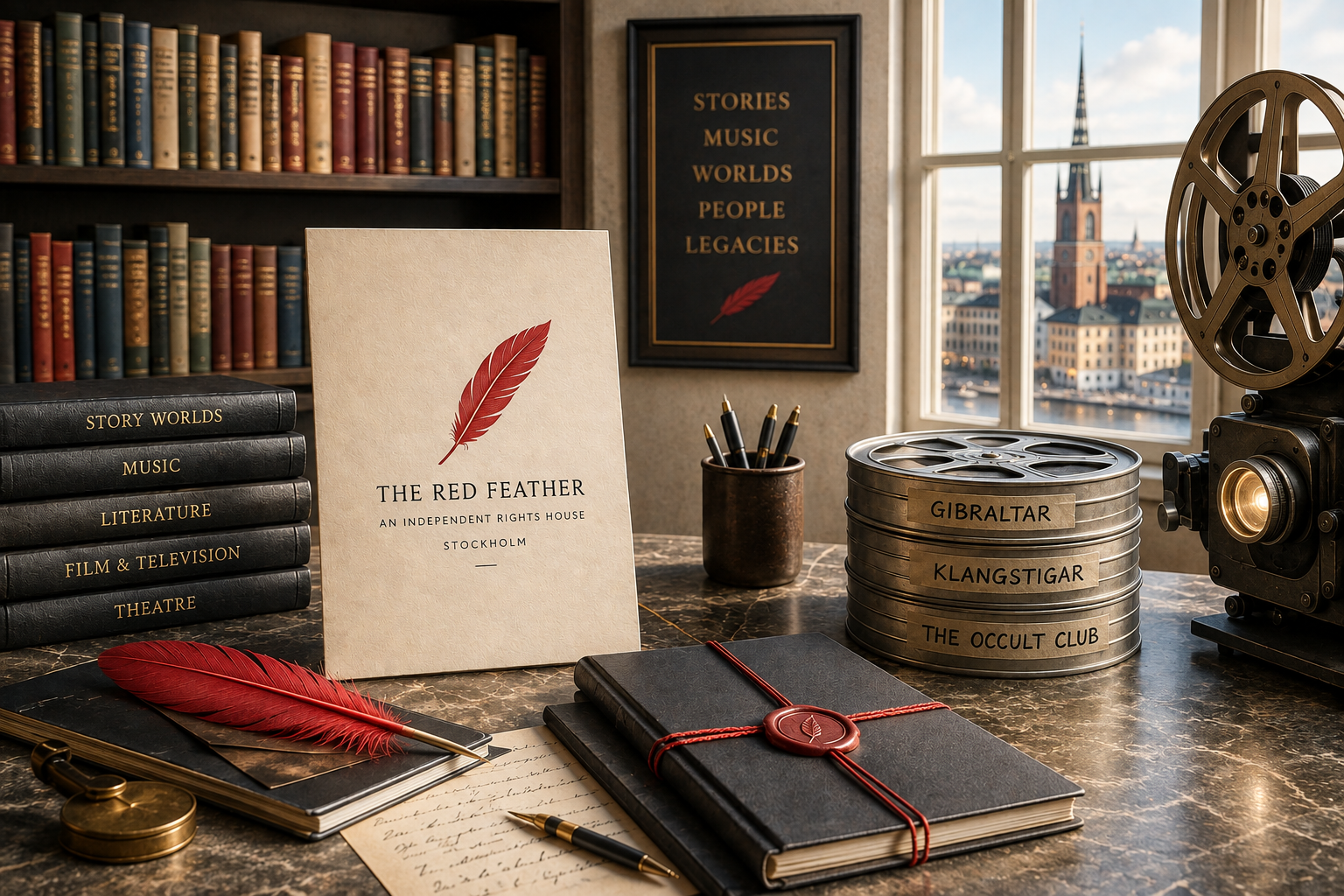 A desk in a Stockholm study: the red feather cover, bound volumes labelled Story Worlds, Music, Literature, Film & Television and Theatre, film reels and a projector by the window.