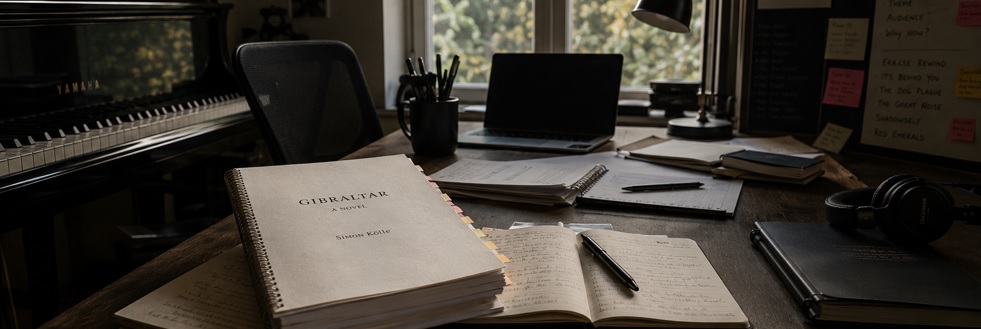 A writing desk with the Gibraltar manuscript, pens and lamplight — the working table of the house.