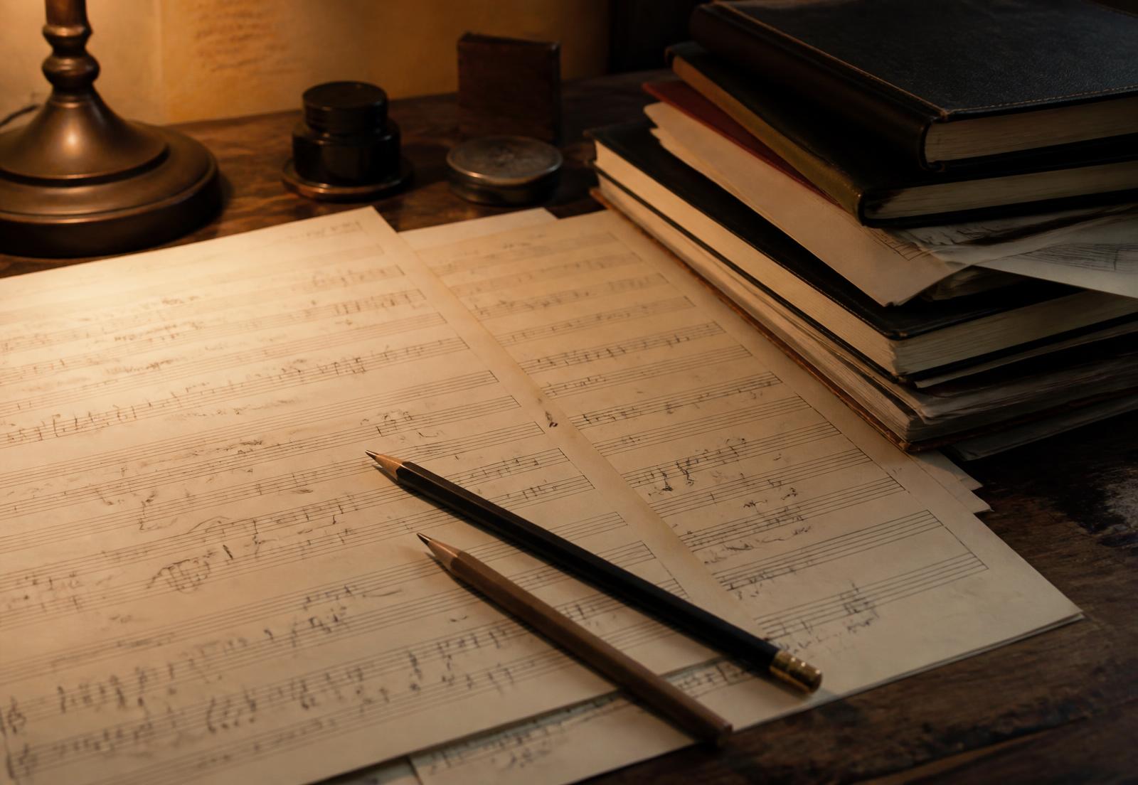 Handwritten sheet music on a wooden desk, pencils, notebooks and lamplight.